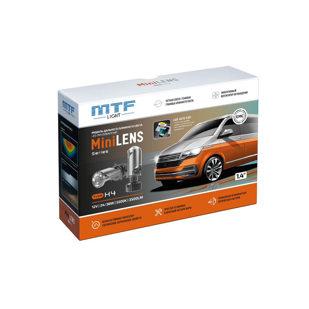 Светодиодные линзы MTF LIGHT серии MINILENS H4, 12V, 24/36W, 5500K, 4000lm, комплект.