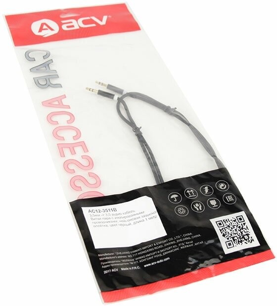 ACV AC12-3511B AUX кабель 3.5мм мини-джек/L=1метр/нейлоновая оплетка/черный